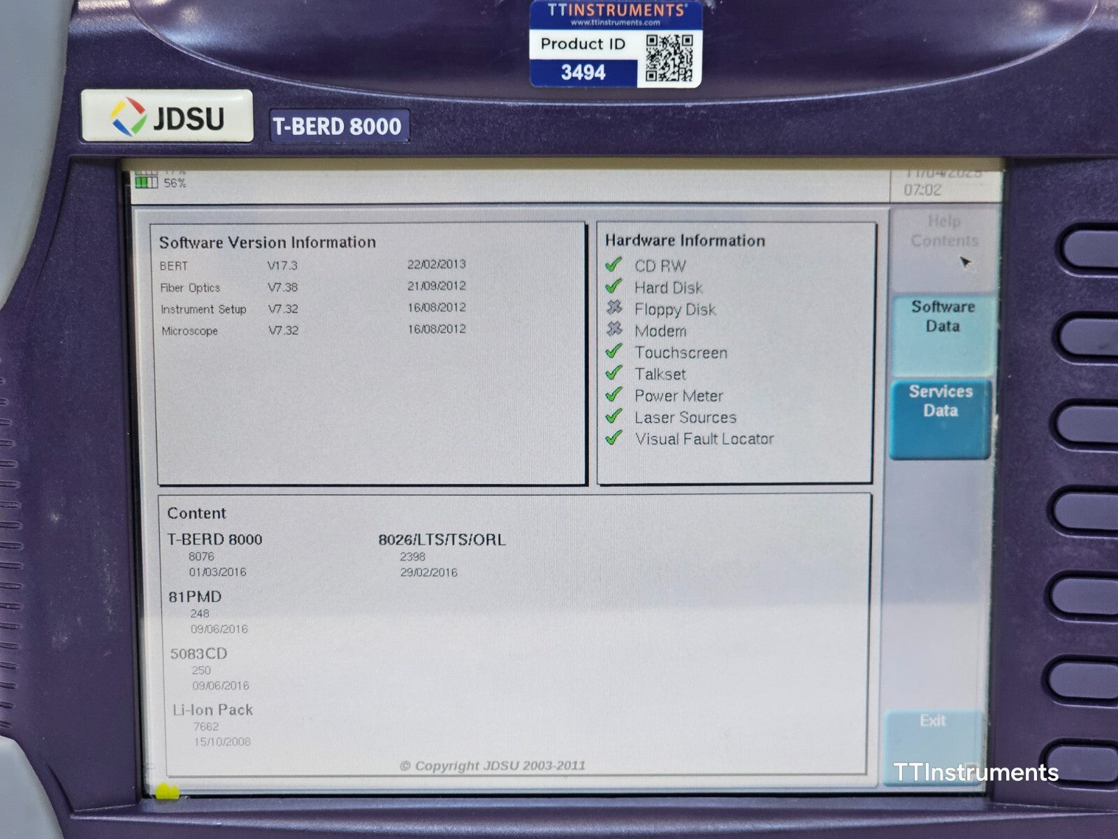 Calibrated Viavi JDSU T-BERD 8000 with CD PMD Analyzer 5083CD OTDR 81PMD