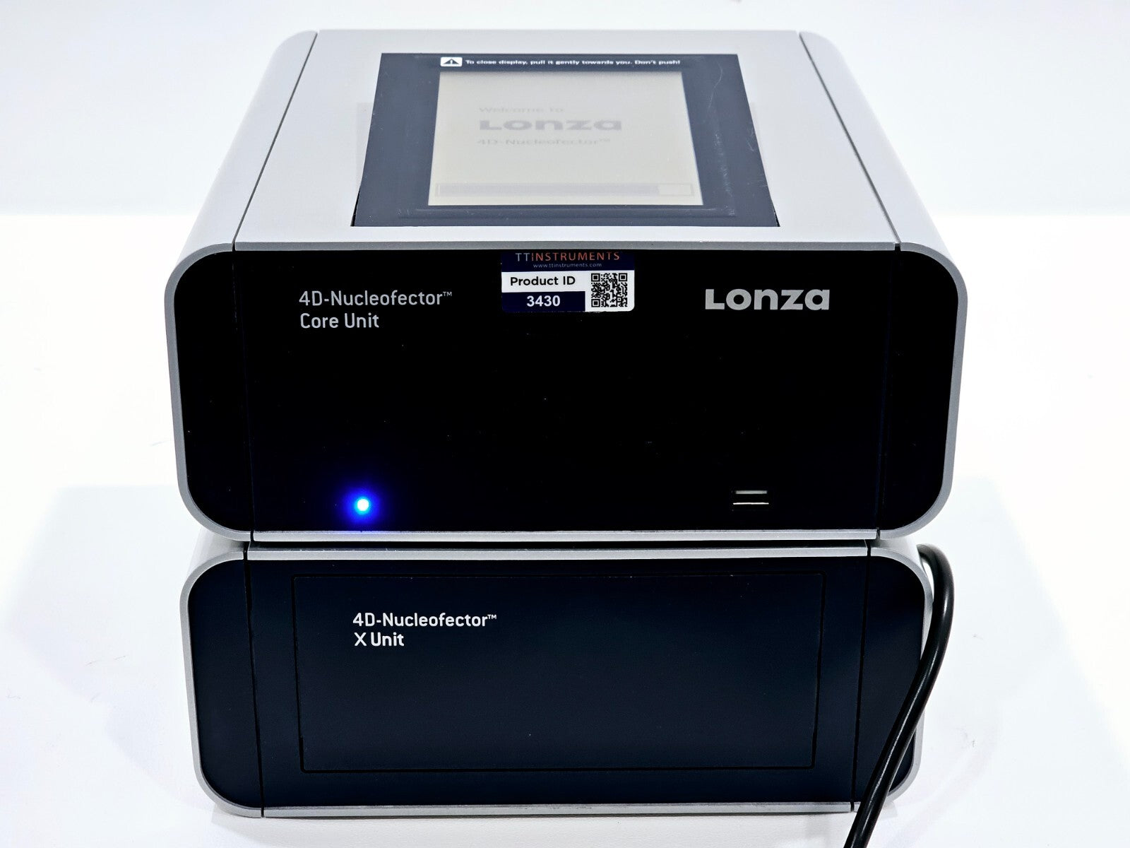 Close-up of Lonza 4D-Nucleofector X Unit front panel with cuvette loading drawer detail
