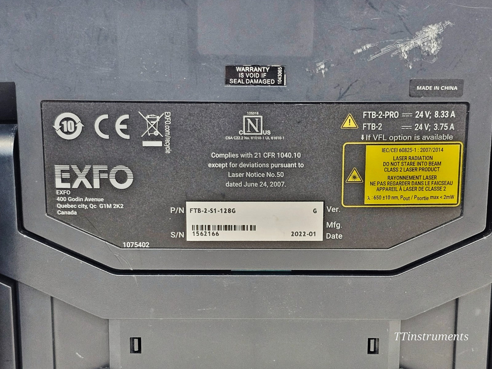 EXFO FTB-2 OTDR label and serial number detail used fibre test equipment