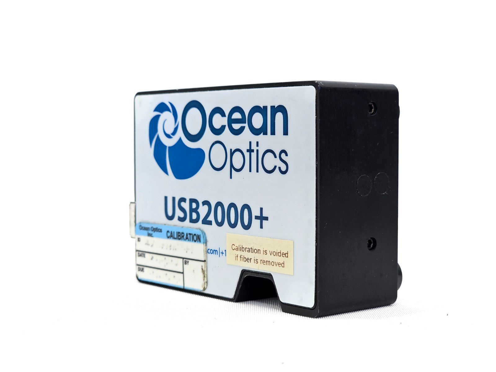 Ocean Optics USB2000+ spectrometer top view showing instrument housing and label with serial number