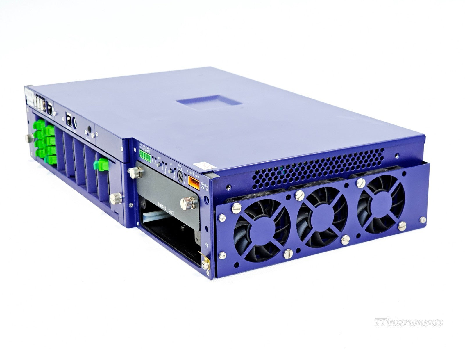 Viavi OTU 8000E v2 rear three-quarter view showing triple cooling fans and unused slot panel on right side