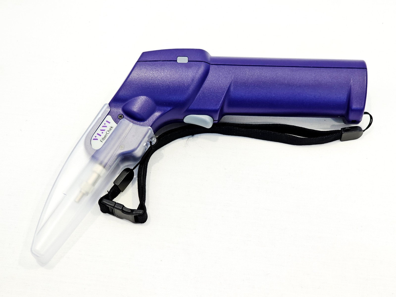 VIAVI FiberChek probe left side view showing VIAVI FiberChek label, wrist strap, and clear tip protector attached