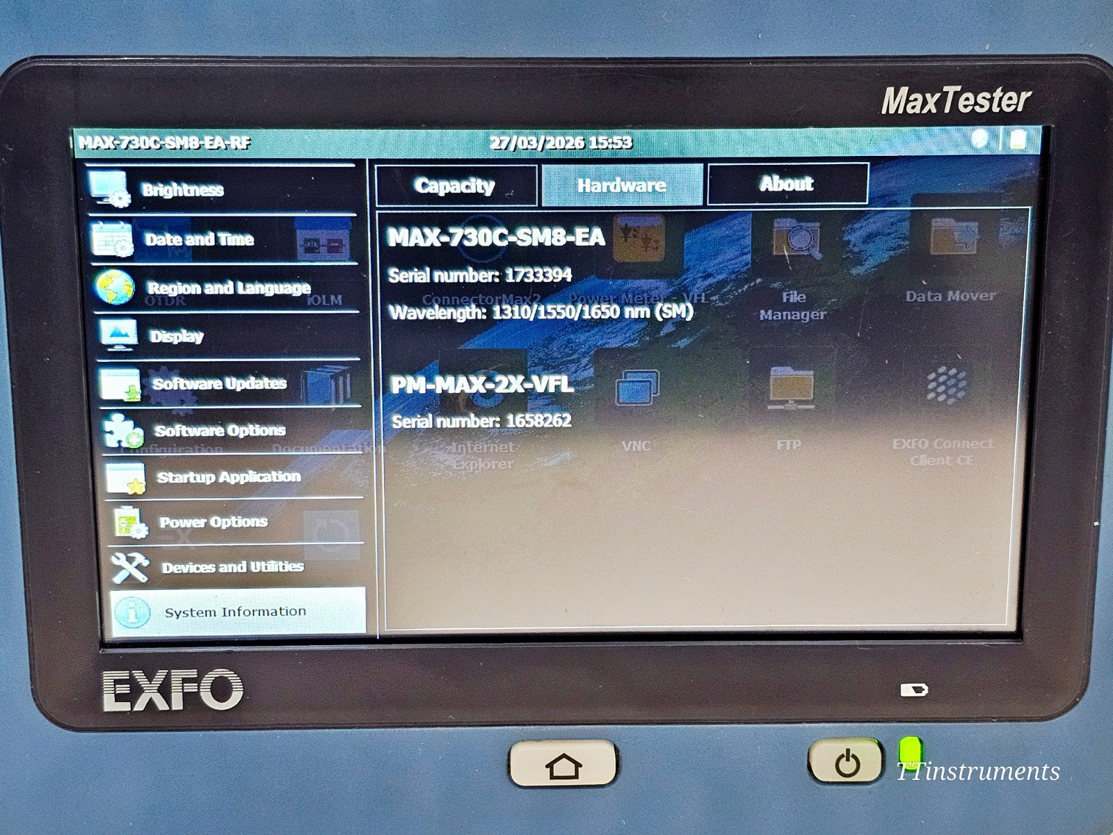 EXFO MAX-730C-SM8-EA OTDR label showing model number and serial number
