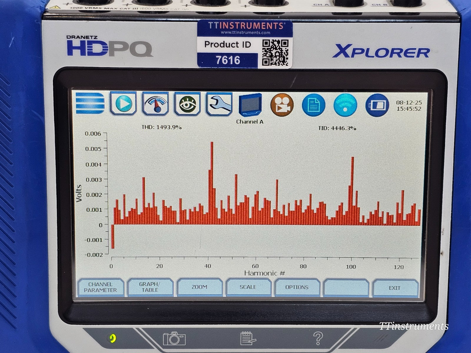 Dranetz HDPQ Xplorer displaying phasor diagram on colour touchscreen during three-phase measurement