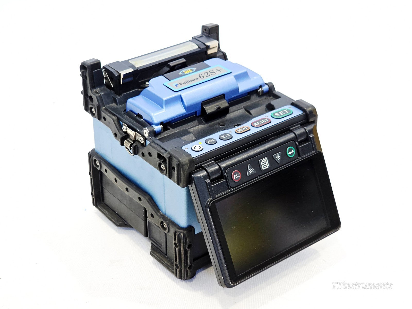 Fujikura FSM-62S+ fusion splicer front-angle view showing colour TFT display, control buttons and wind protector