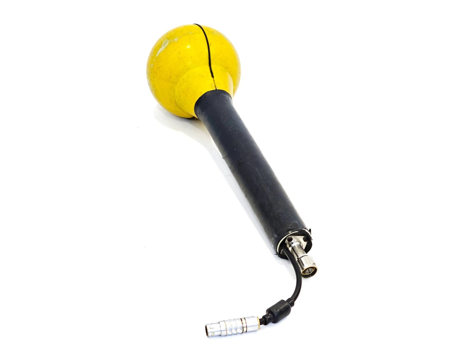 Narda 3501/03 E-field probe full side view showing yellow spherical sensor head, black handle, and Lemo connector