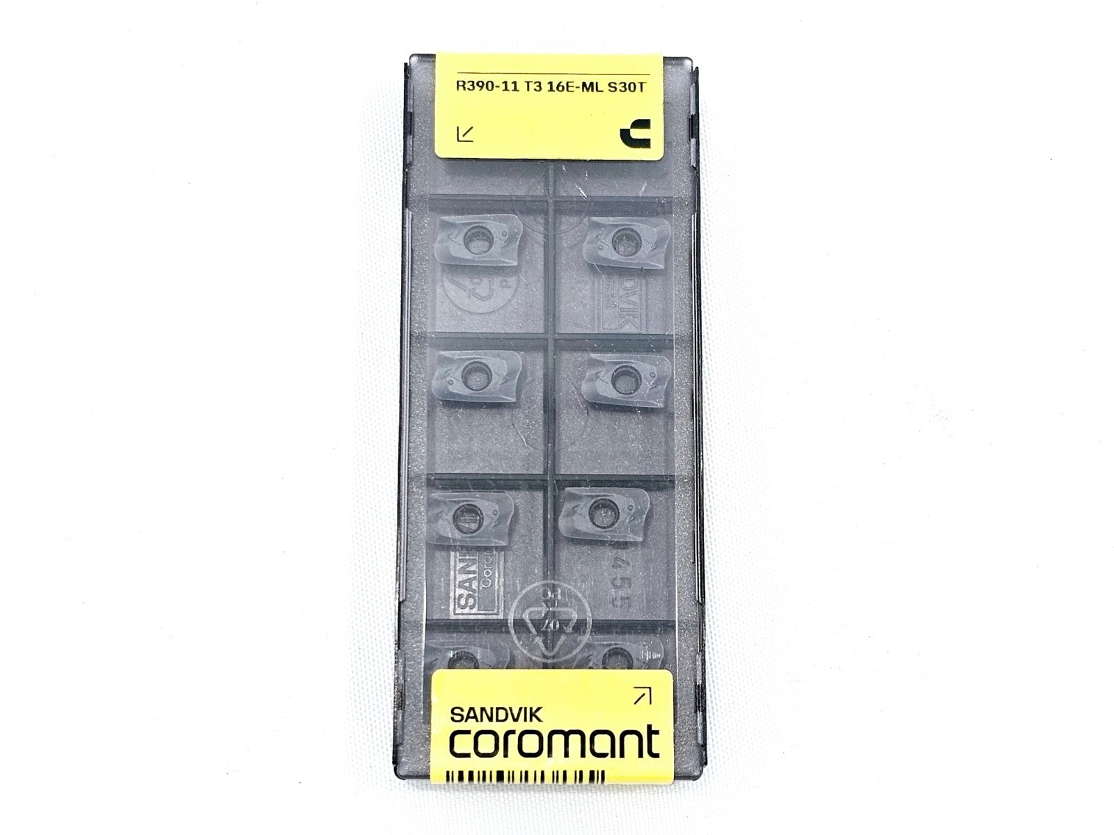 Single sealed Sandvik Coromant R390-11 T3 16E-ML S30T insert pack showing 10 carbide inserts inside