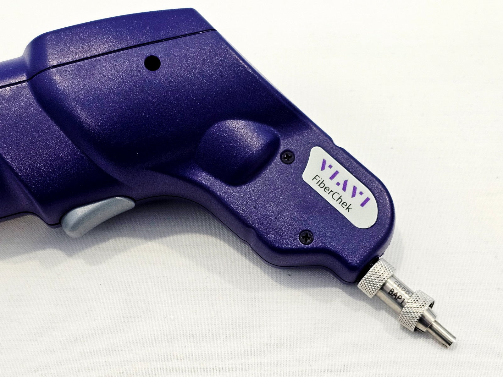 VIAVI FiberChek probe with BAP1 patchcord inspection tip fitted, showing knurled locking collar and connector end