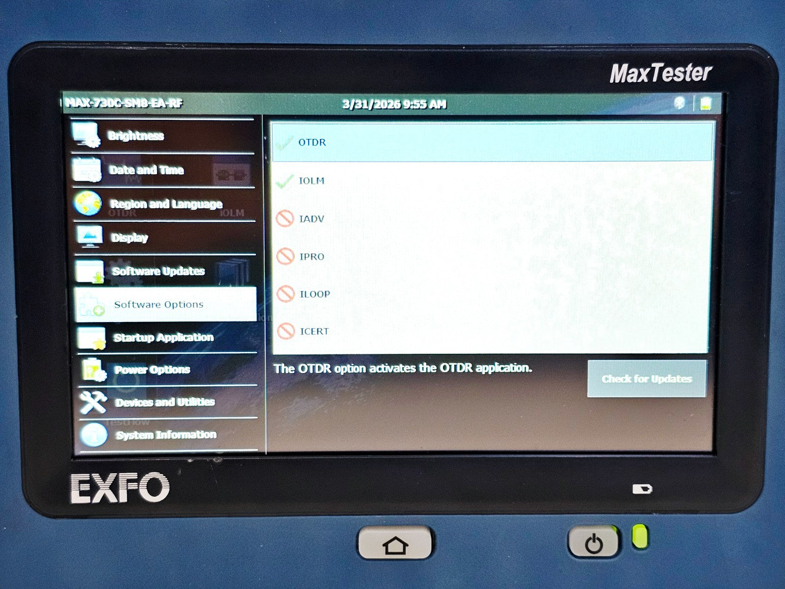 EXFO MAX-730C-SM8-EA connector port detail single-mode fibre test