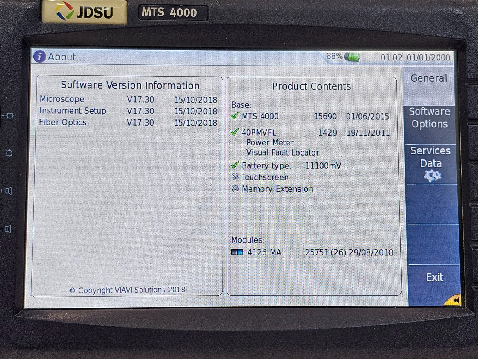 JDSU MTS 4000 Mainframe with PM/VFL & 4126 MA SM OTDR 1310/1550nm SC-APC