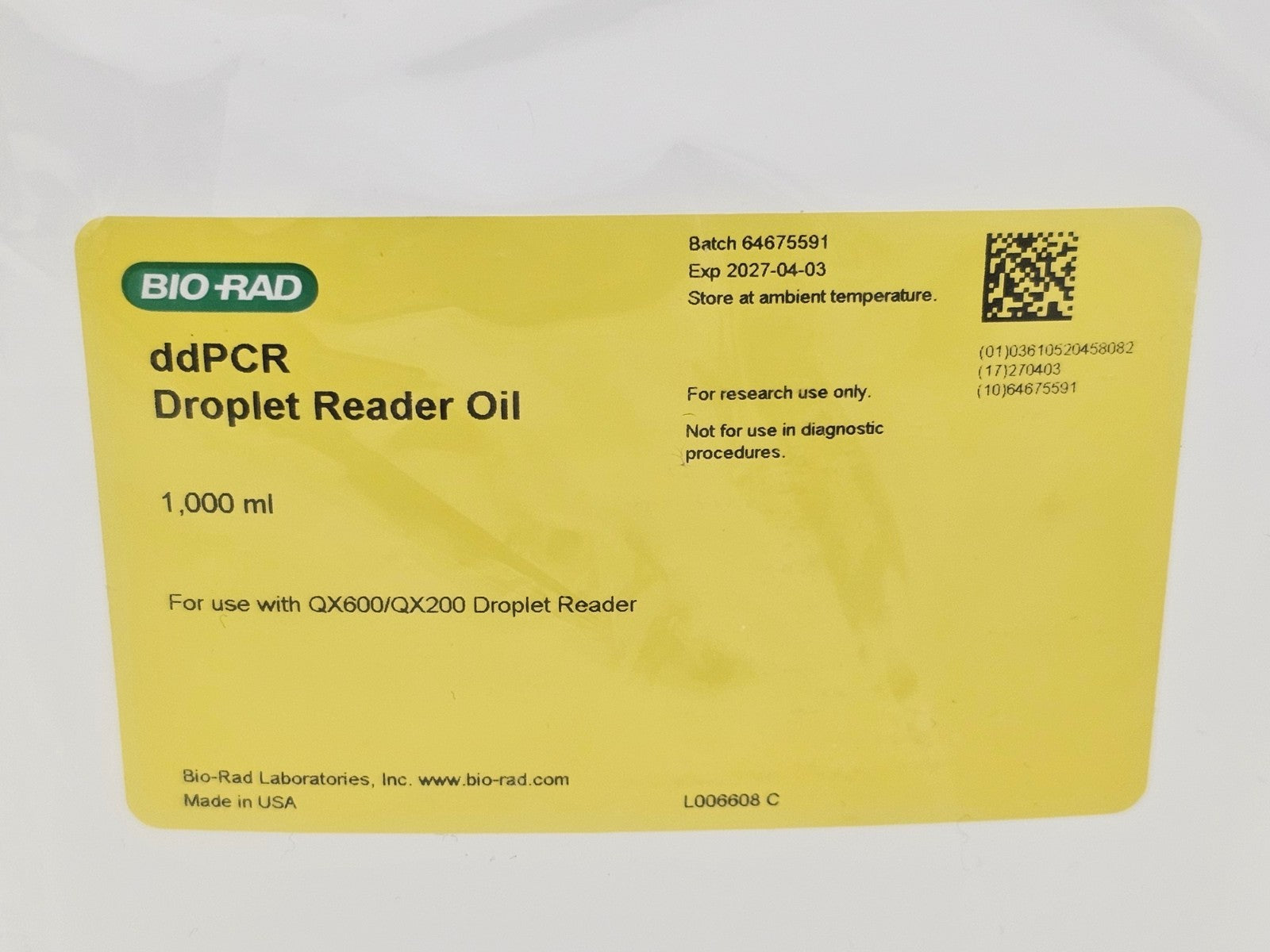 BIO-RAD ddPCR Droplet Reader Oil 1,000ml EXP Apr 2027 Use with QX200/600