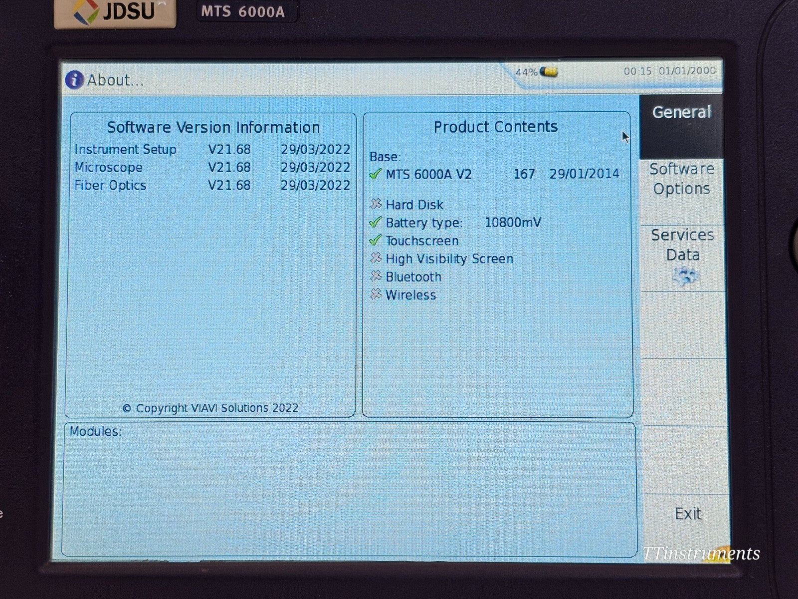 Viavi JDSU MTS 6000A V2 serial number and label plate detail