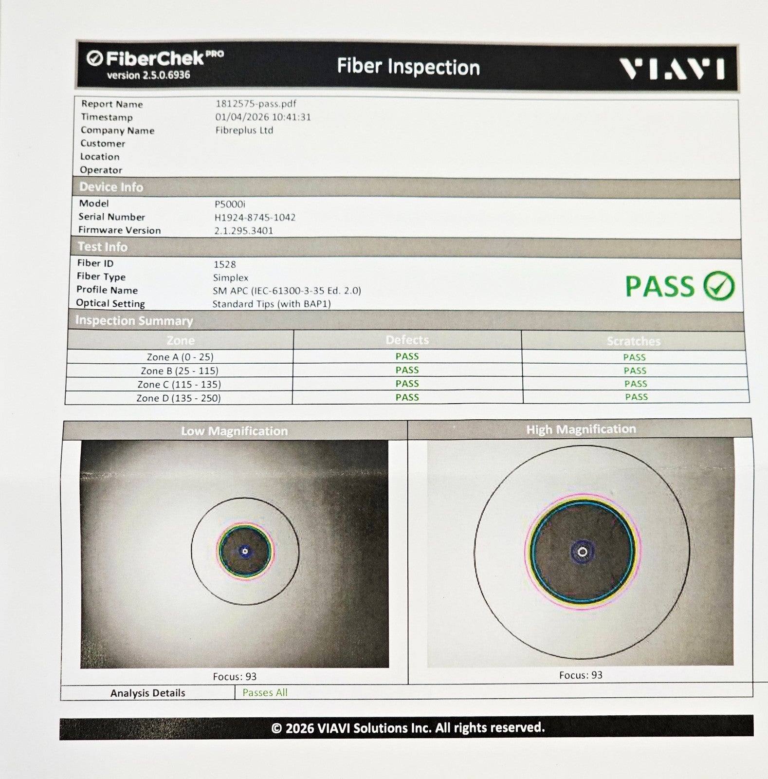 VIAVI FiberChekPRO fiber inspection PASS report for EXFO MAX-730D-SM8 SC-APC port, dated 01/04/2026