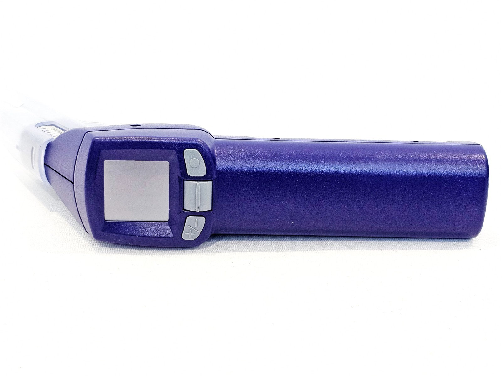 VIAVI FiberChek probe display side view showing LCD screen and three grey control buttons on purple body