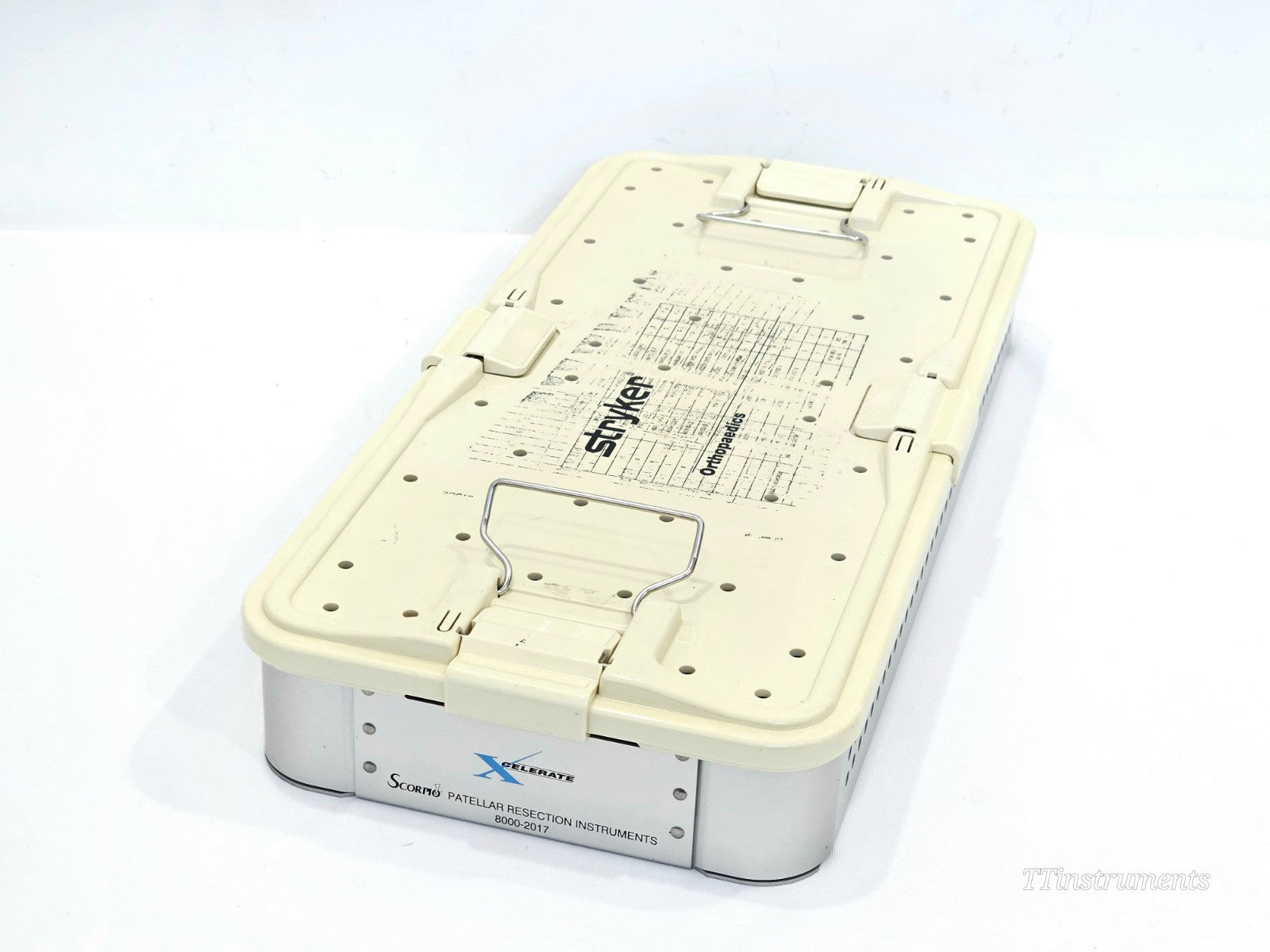 Stryker Xcelerate Scorpio Patellar Resection Instruments 8000-2017 sterilisation tray closed, angled view showing Stryker Orthopaedics label on lid and instrument set label on tray side