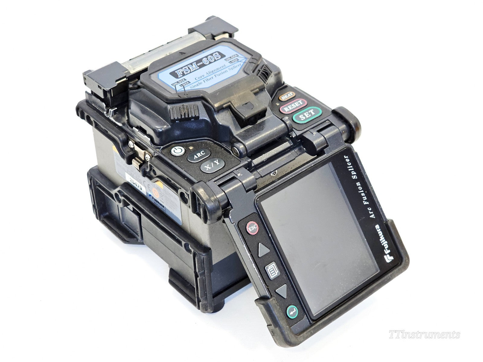 Fujikura FSM-60S fusion splicer front view showing LCD display and splicing chamber