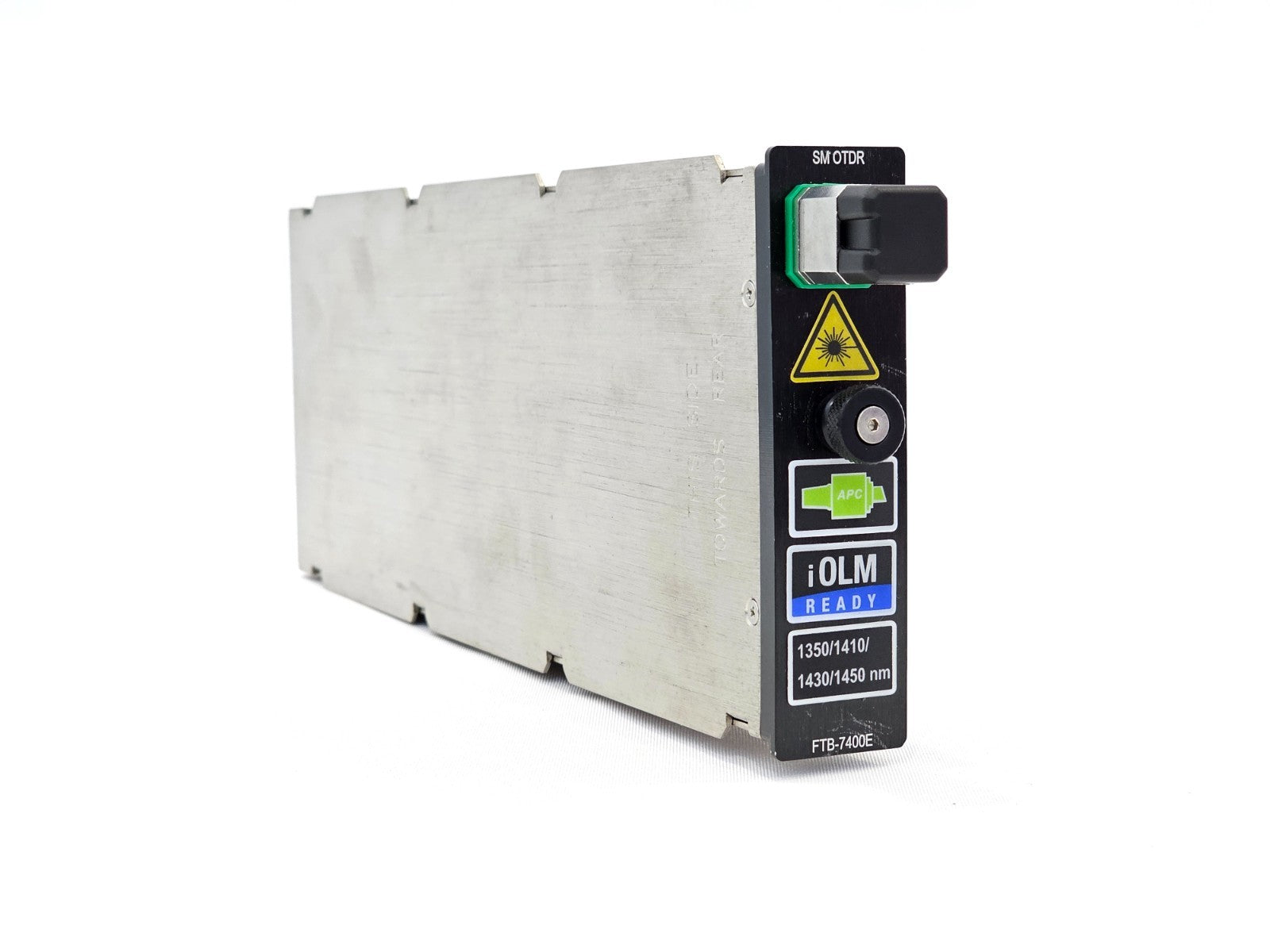 EXFO FTB-7400E-CWE OTDR module front panel showing APC connector, iOLM Ready label, 1350/1410/1430/1450 nm wavelengths