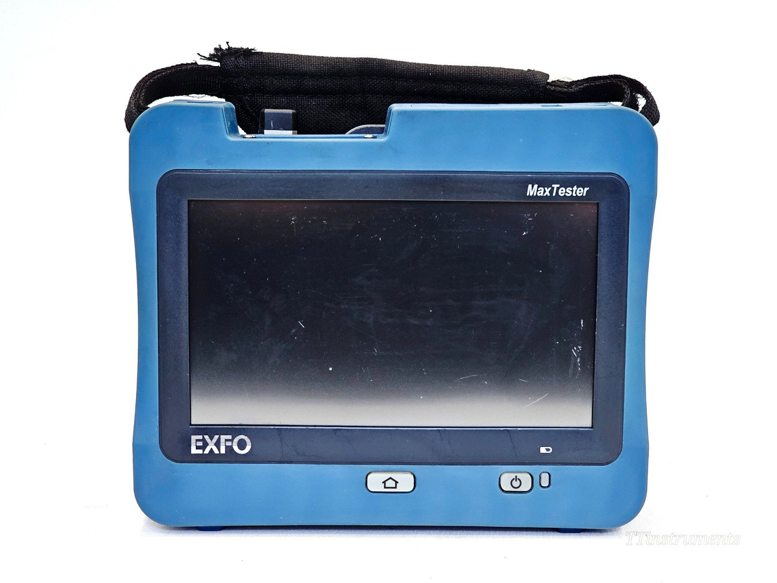 EXFO MAX-730D-SM8 MaxTester OTDR front view showing 7-inch touchscreen with light scratches and EXFO branding