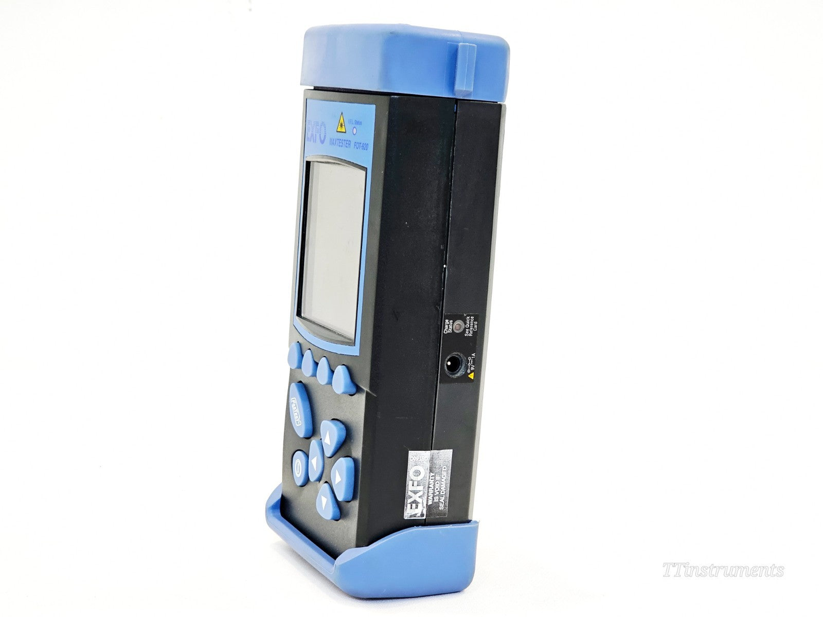 EXFO FOT-922 MaxTester right-side view showing DC charging port and side panel labels