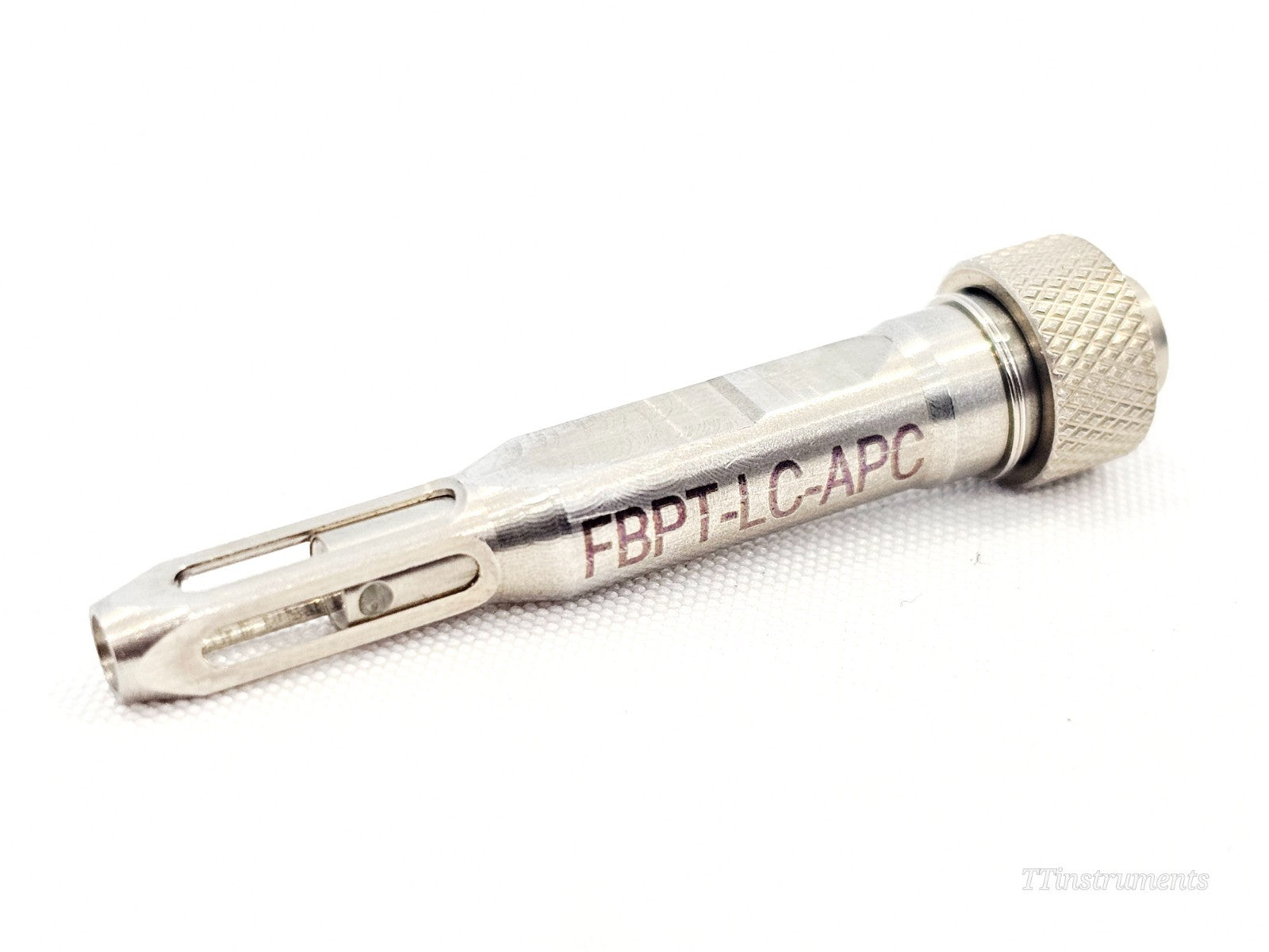 Viavi FBPT-LC-APC LC/APC Longreach Bulkhead Probe Tip — angled side view showing full body, knurled base and tip slot