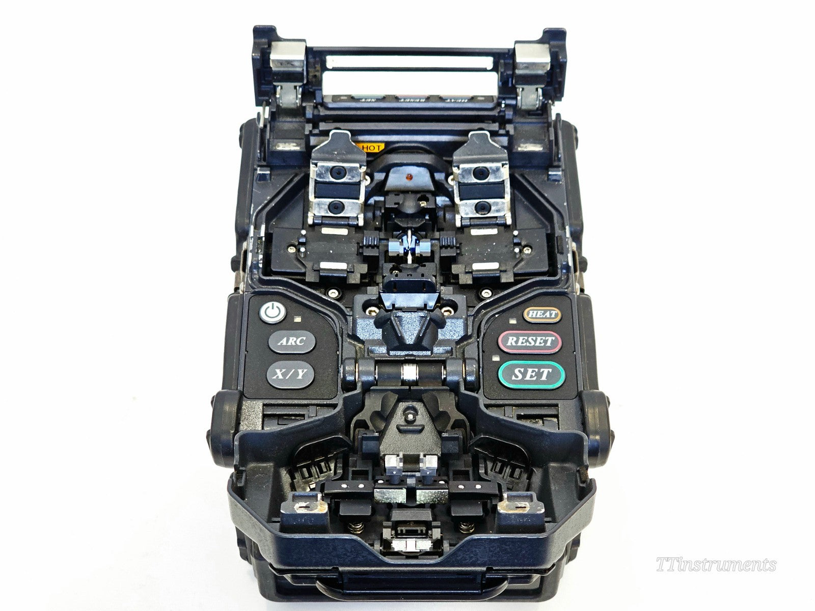 Fujikura FSM-60S splicer lid open showing fibre alignment and electrode area