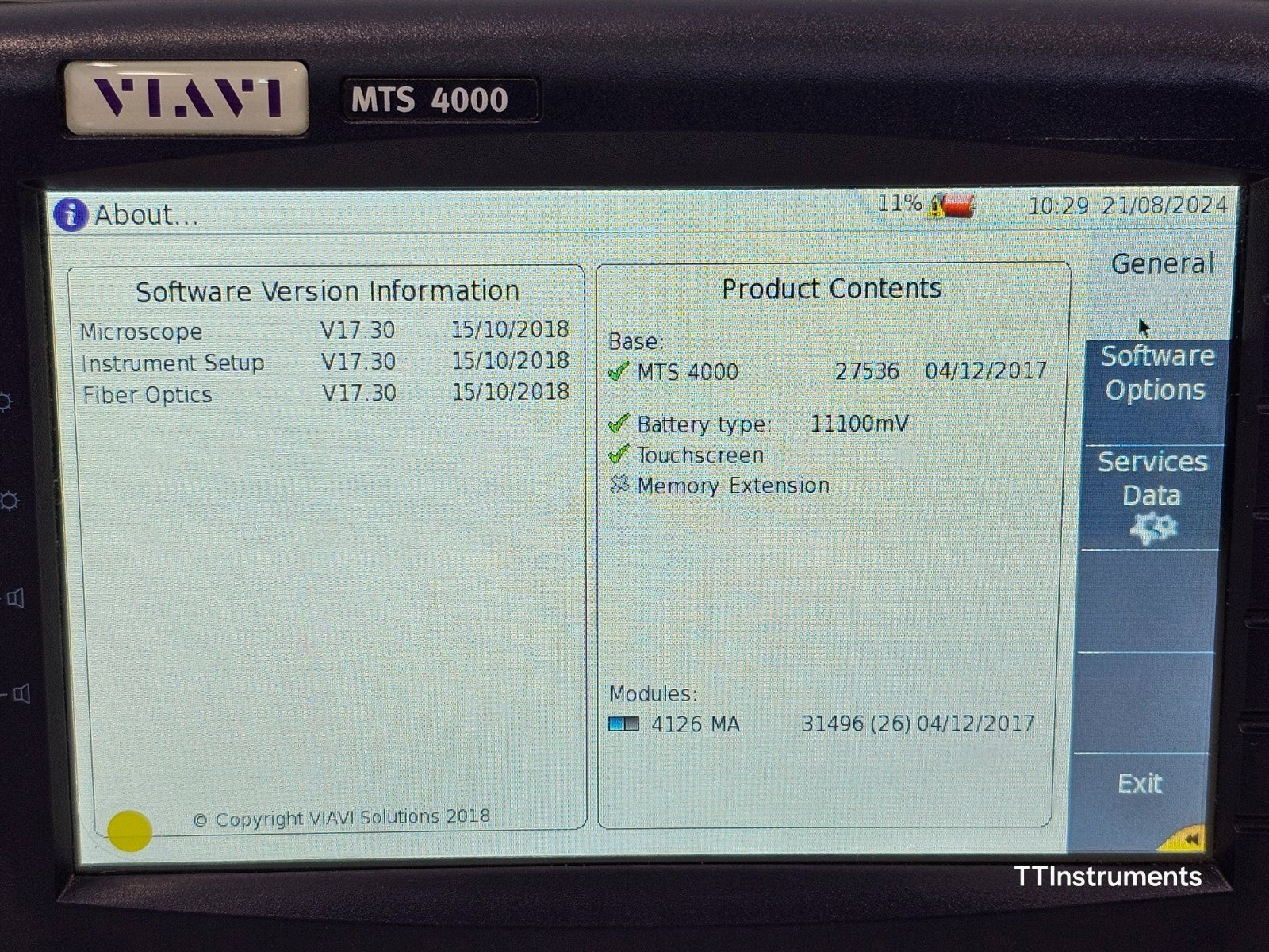Viavi MTS 4000 Mainframe with PM/VFL & 4126 MA SM OTDR 1310/1550nm SC-APC