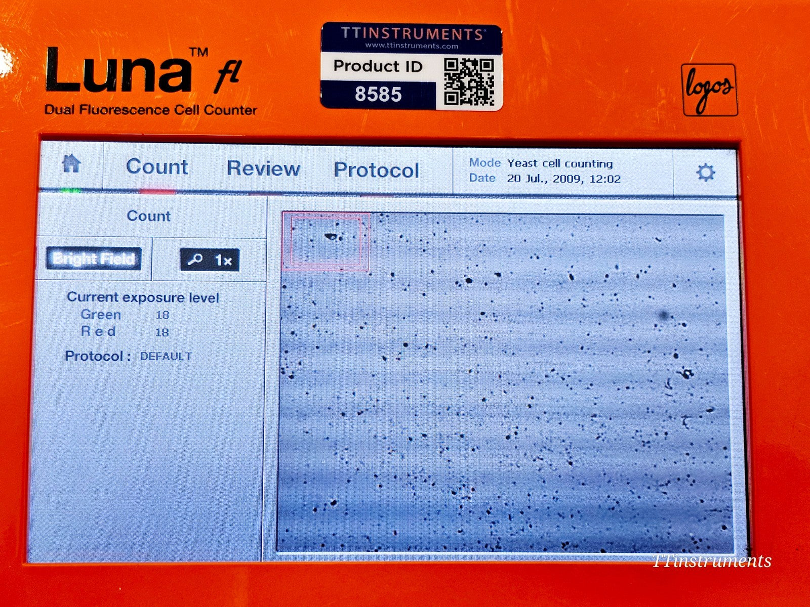 Logos Biosystems cell counter angled view showing housing used
