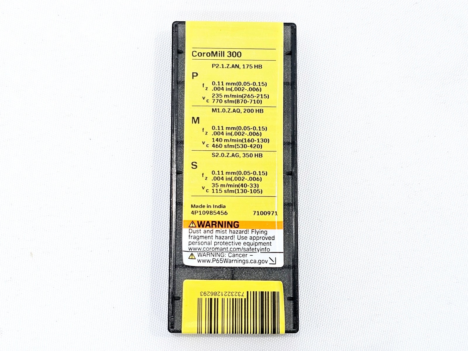 Rear label of Sandvik Coromant CoroMill 300 pack showing cutting data for P, M and S material groups