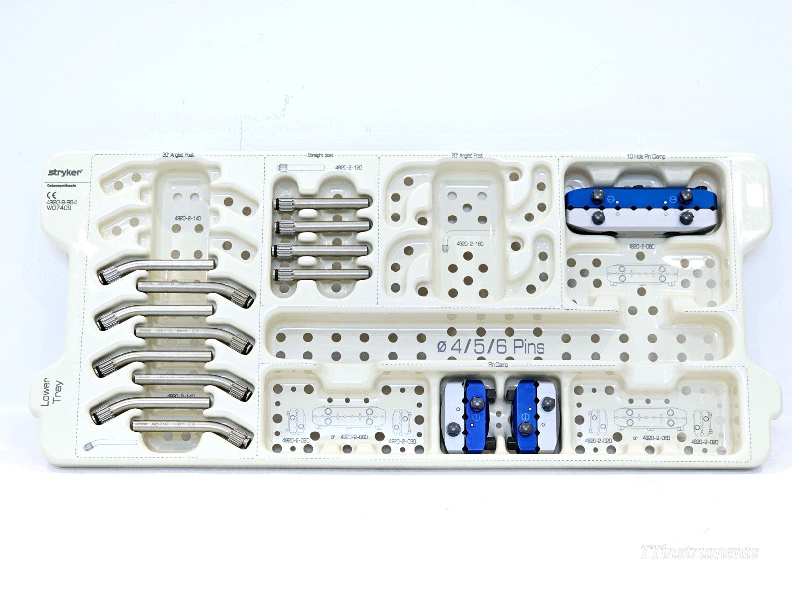 Stryker Hoffmann II lower plastic tray — 30° and 90° angled posts, straight posts, pin clamps 4920-2-020 and 10-hole clamp