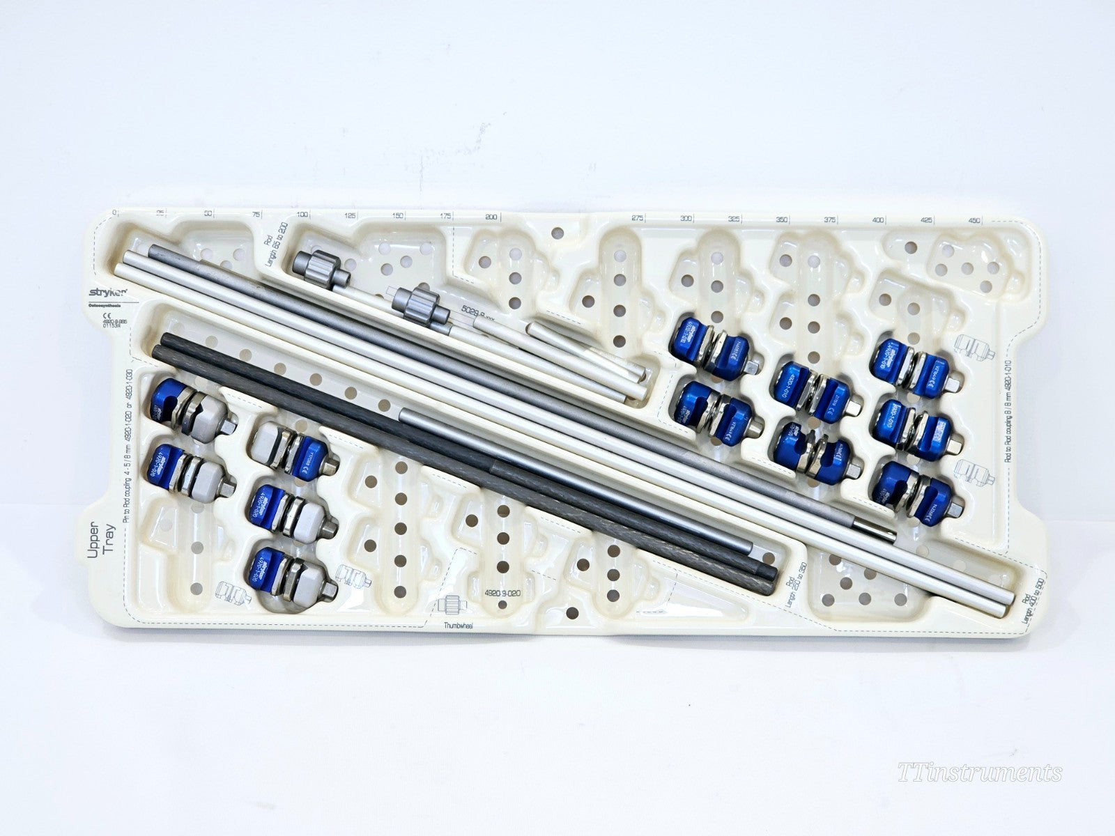 Stryker Hoffmann II upper plastic tray — carbon fibre rods, stainless steel rods, blue rod-to-rod couplings and pin clamps