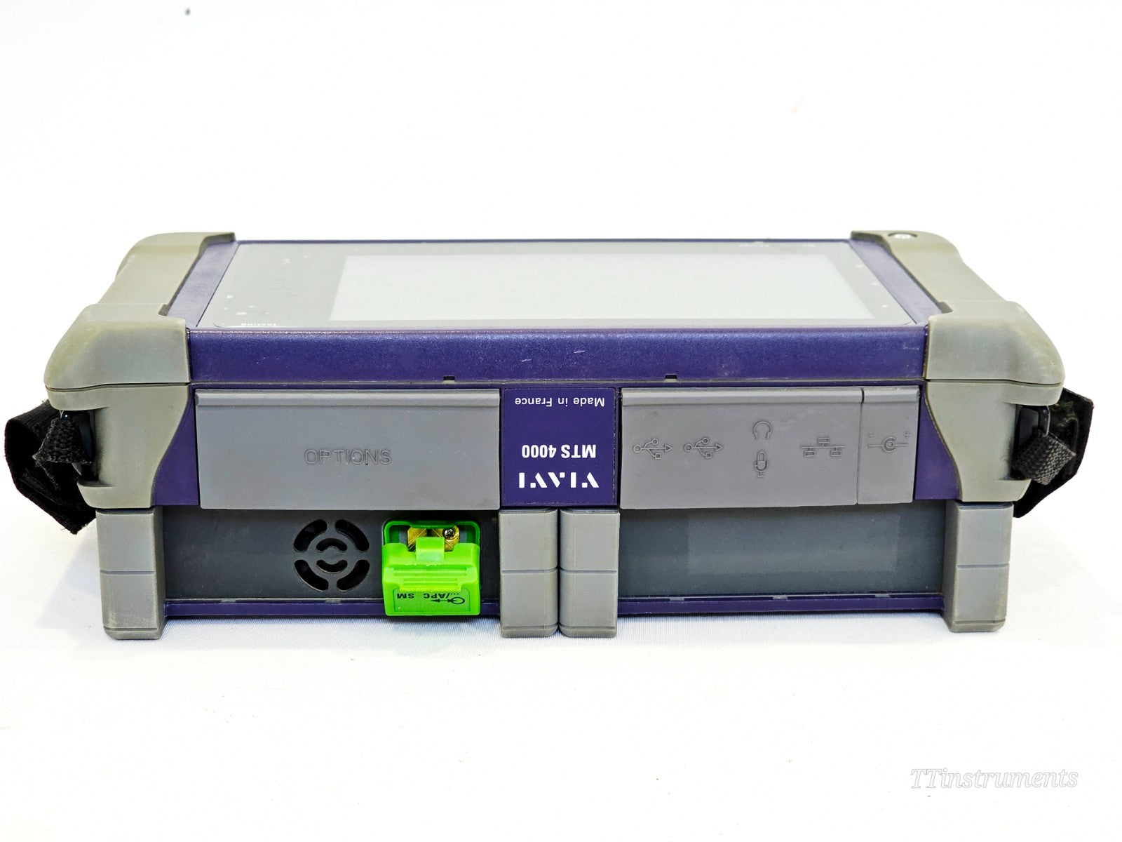 VIAVI MTS 4000 V2 top panel showing MTS 4000 branding, USB ports, SC-APC OTDR port with green dust cap