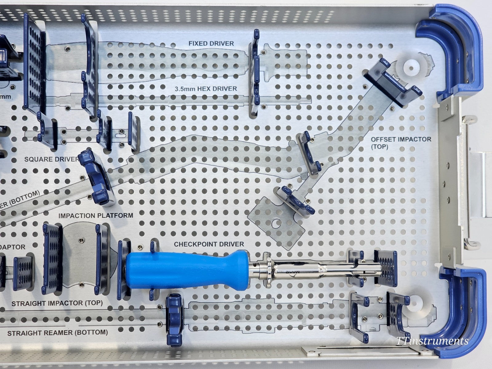 Stryker Mako Hip Kit right-side close-up — checkpoint driver with blue handle, offset impactor, fixed driver, 3.5mm hex driver, impaction platform