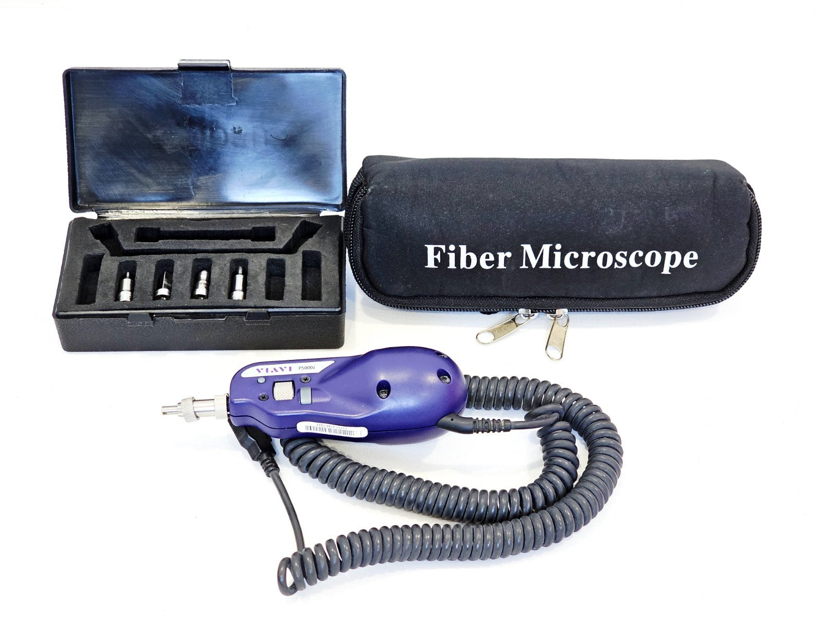Viavi JDSU P5000i fiber inspection scope with coiled USB cable, 4x FBPT tips in hard case, and soft carry case