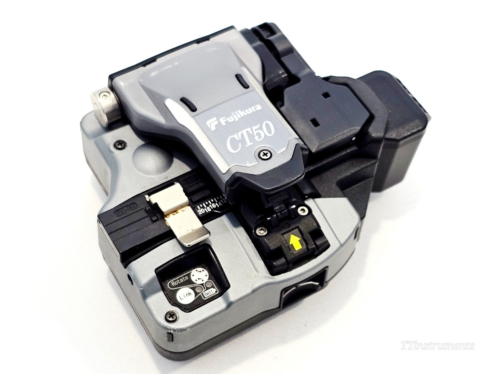 Fujikura CT50 fibre cleaver top view showing cleaving mechanism, blade carrier, Rotate/Link buttons and guide plate