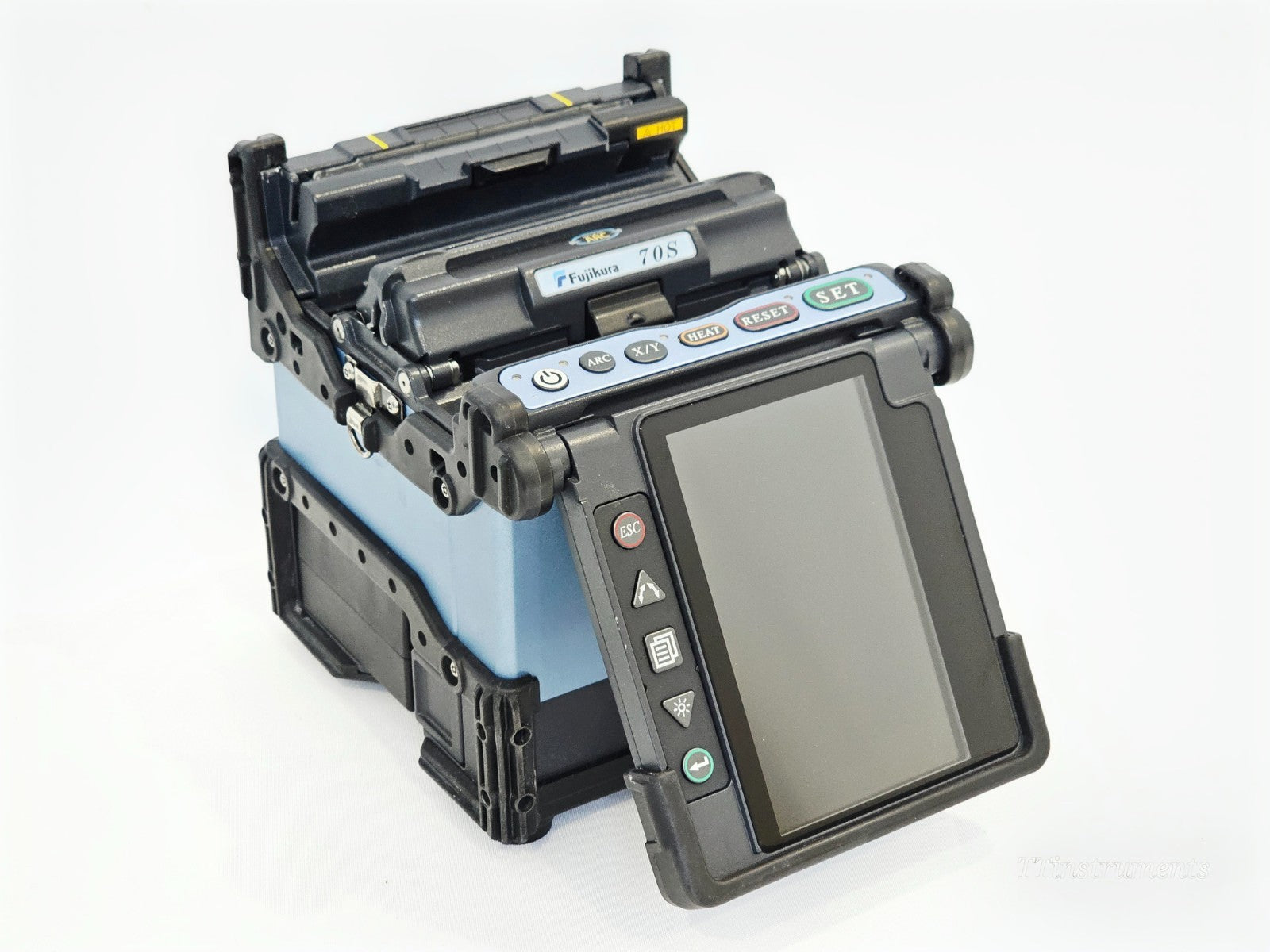 Fujikura FSM-70S+ fusion splicer side angle view showing clamping mechanism