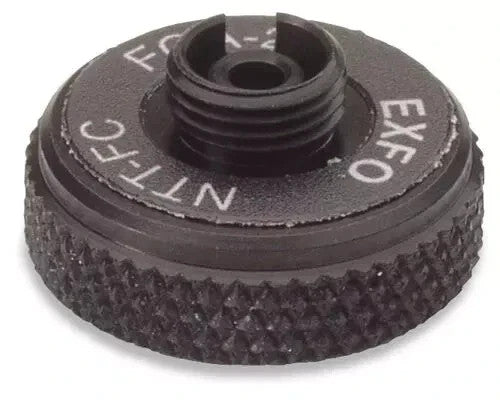 EXFO FOA-22 NTT-FC fibre adapter cap, top-angle view showing knurled body, FC threaded port and EXFO branding