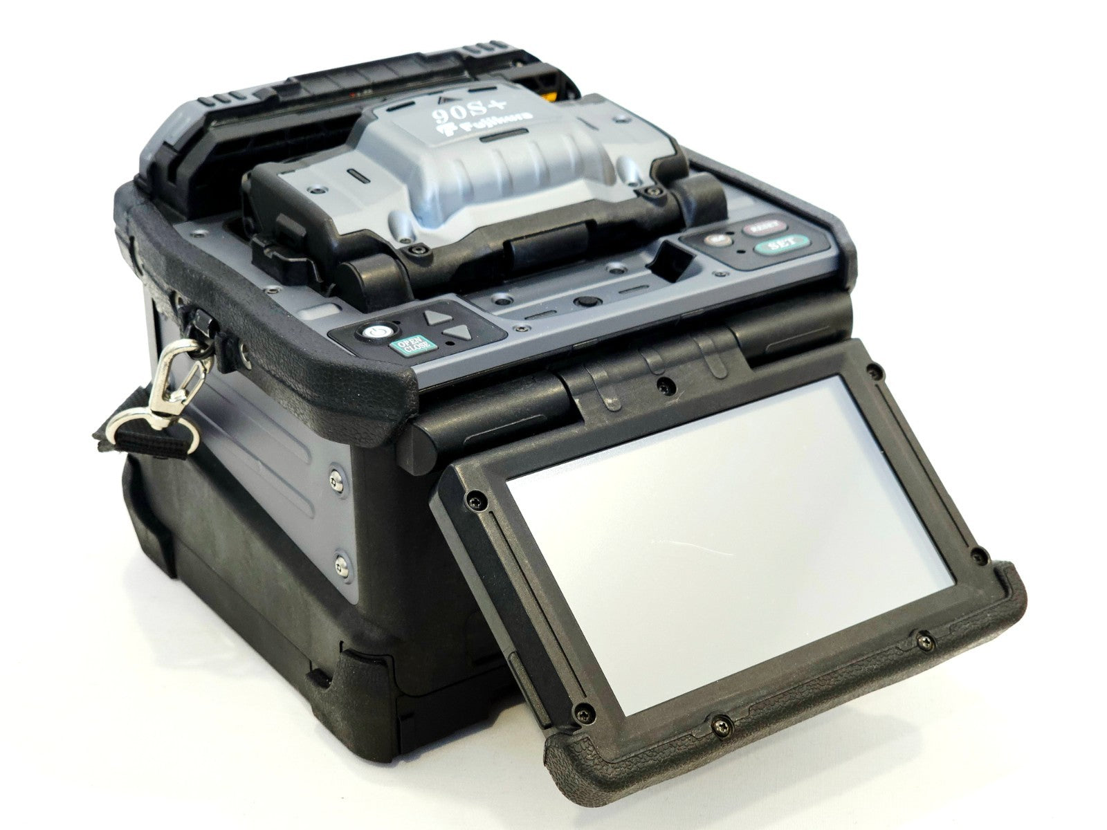 Fujikura 90S+ fusion splicer side angle view showing housing and lid