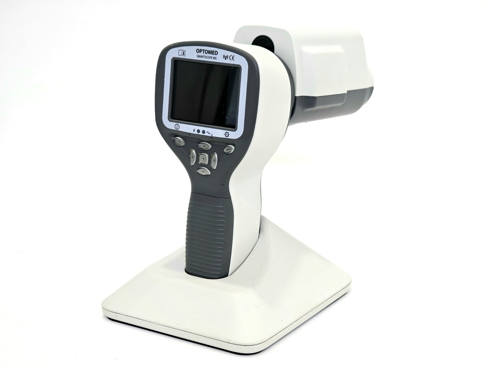 Optomed SmartScope M5 on cradle — rear three-quarter view showing EY4 retinal module aperture and grey rubber grip handle