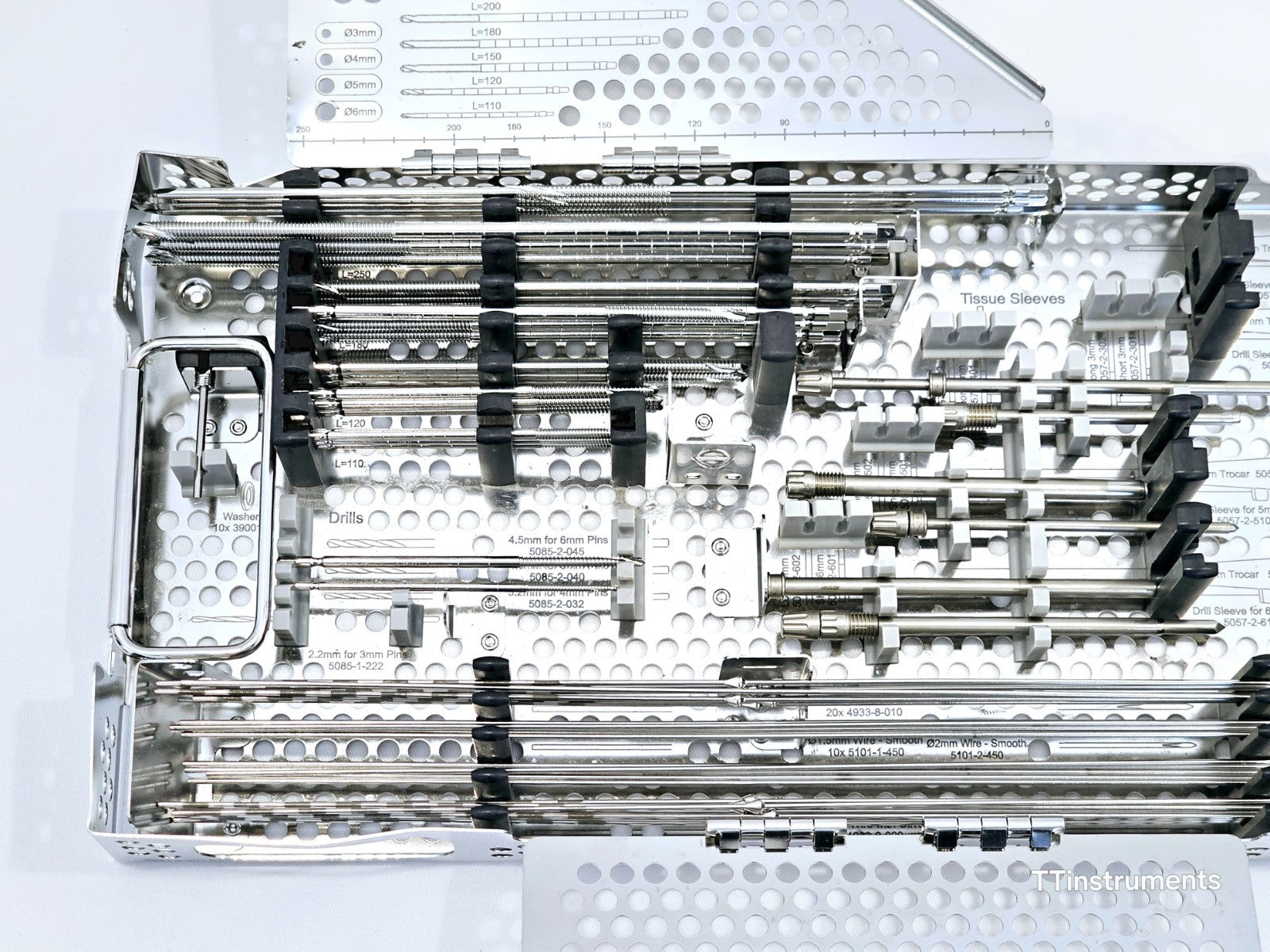 Stryker LRF connecting rods and external fixation components laid out for inspection
