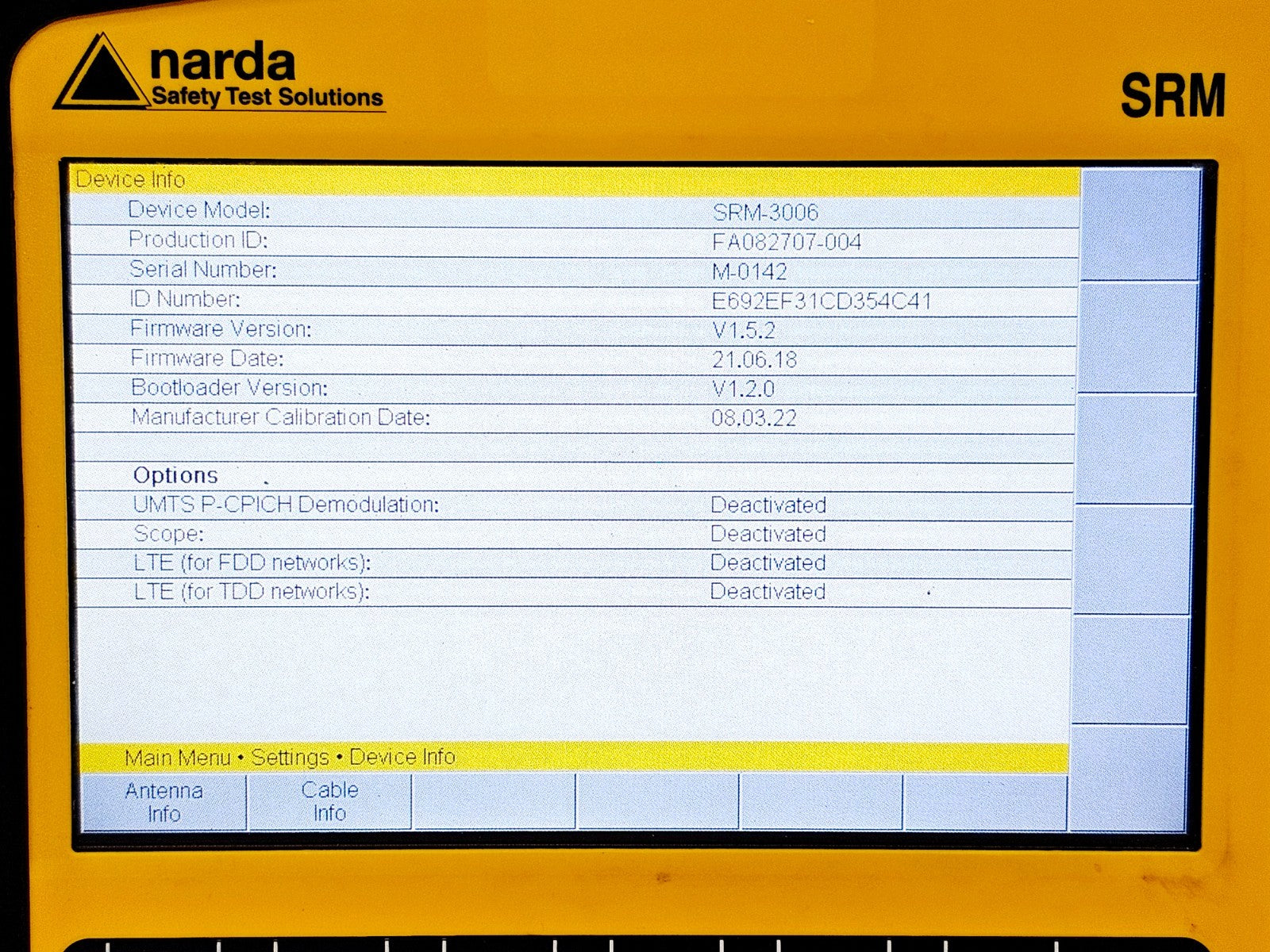 Narda SRM-3006 label and serial number plate close-up