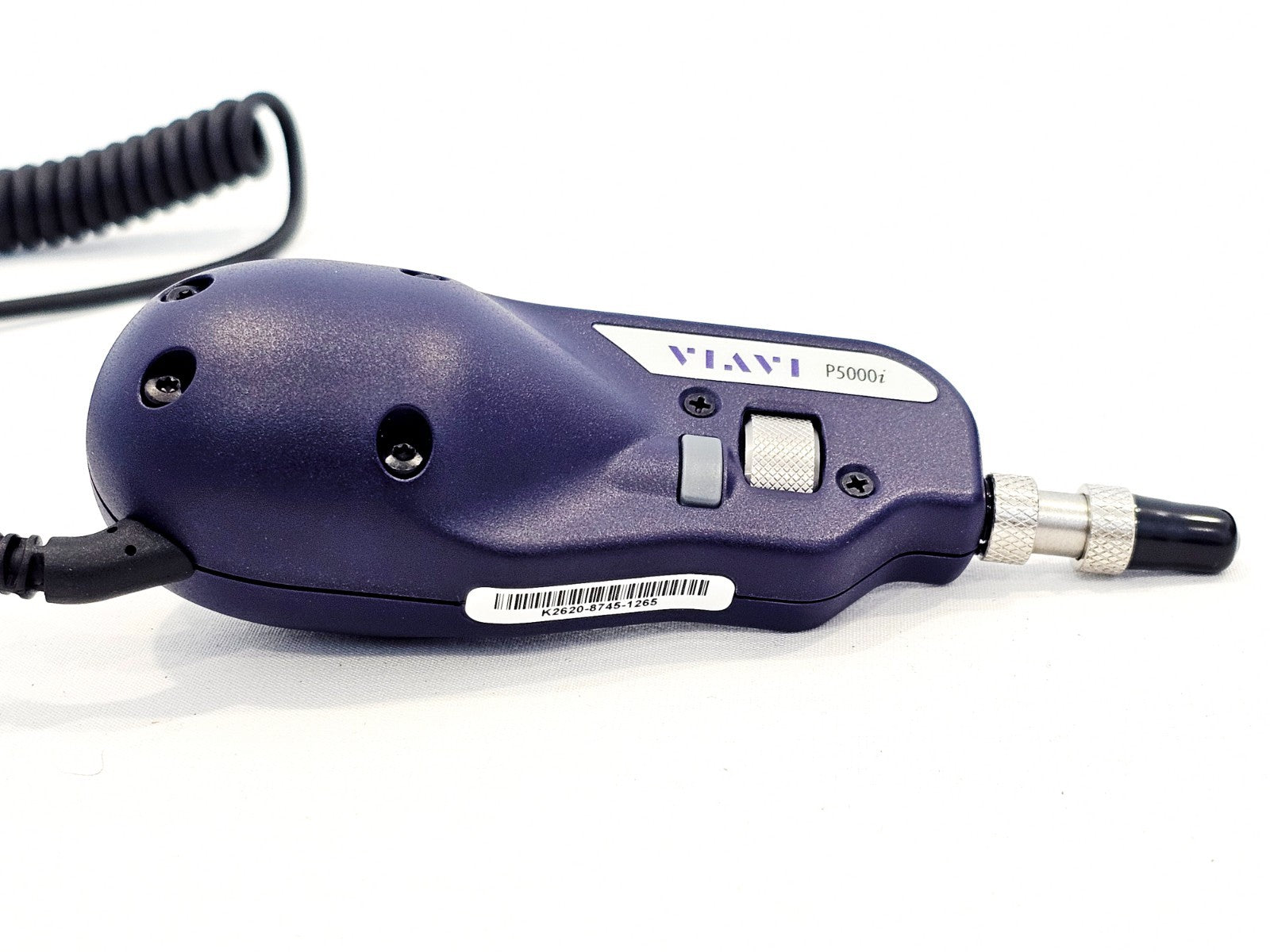 Viavi P5000i fibre inspection scope left-side view with serial number label K2620-8745-1265 visible on underside