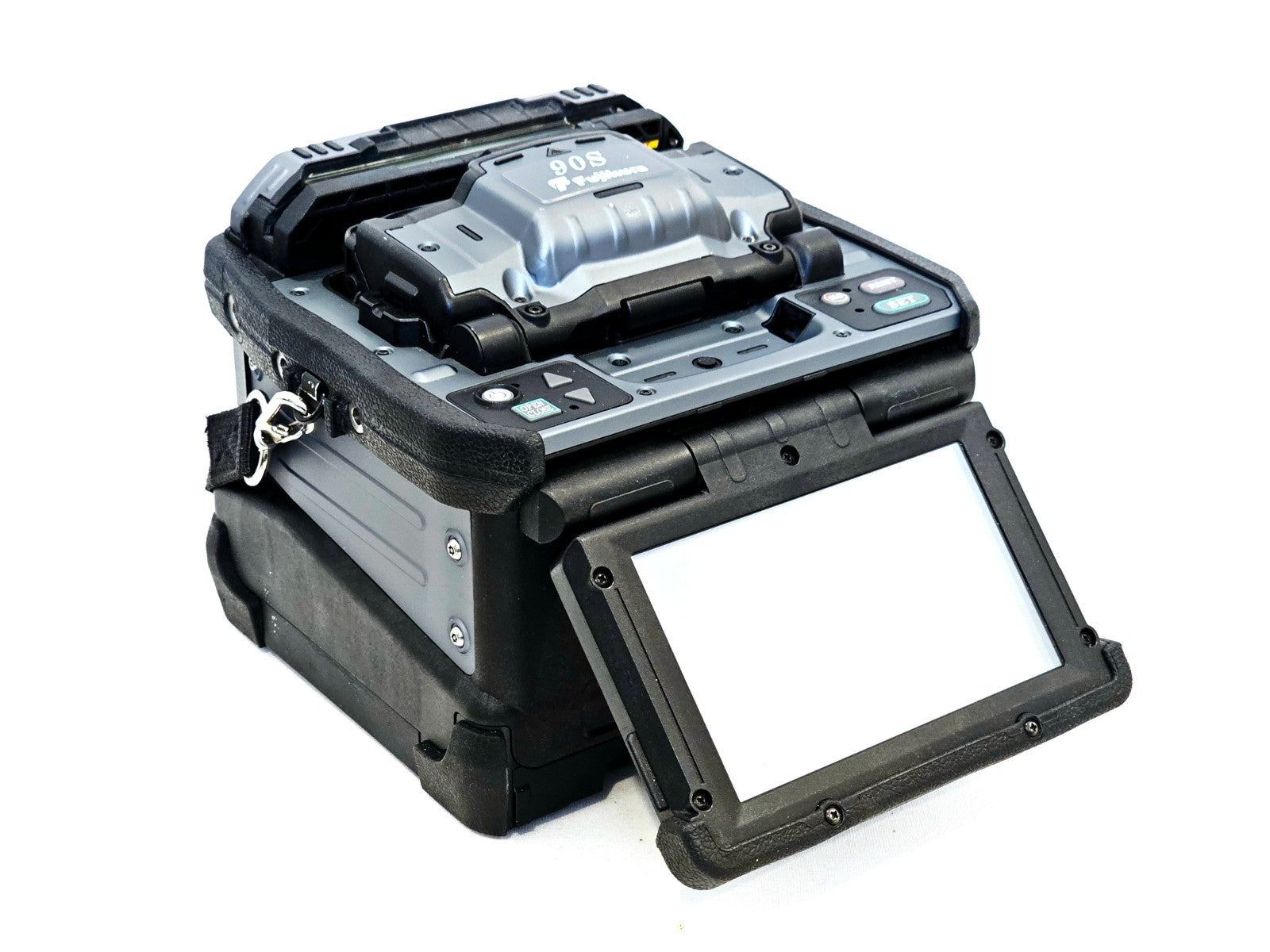 Fujikura 90S fusion splicer side profile showing port connections and casing