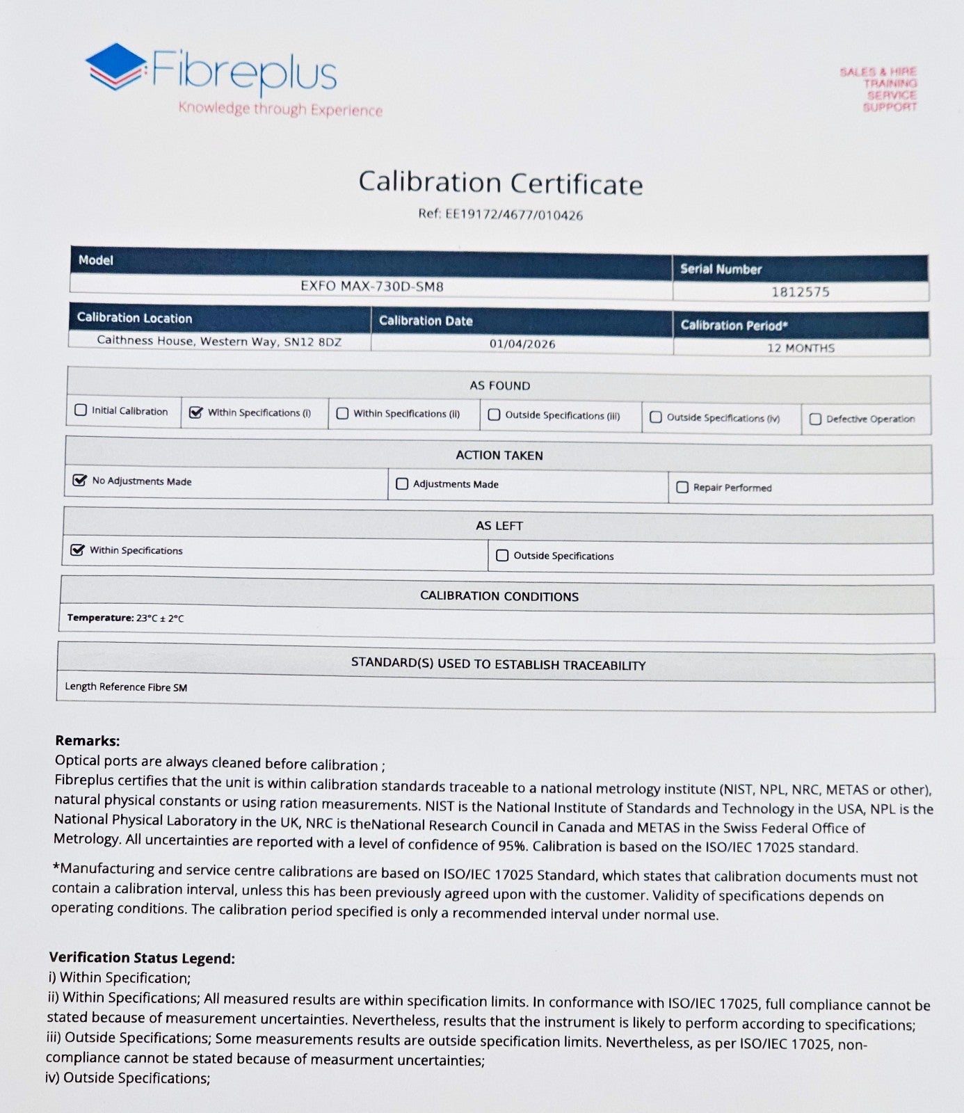 Fibreplus ISO/IEC 17025 calibration certificate for EXFO MAX-730D-SM8 S/N 1812575 dated 01/04/2026