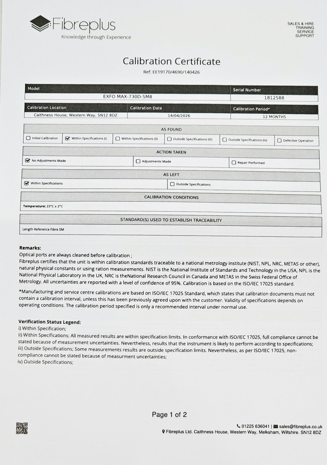 Fibreplus calibration certificate page 1 for EXFO MAX-730D-SM8 S/N 1812588 dated 14/04/2026