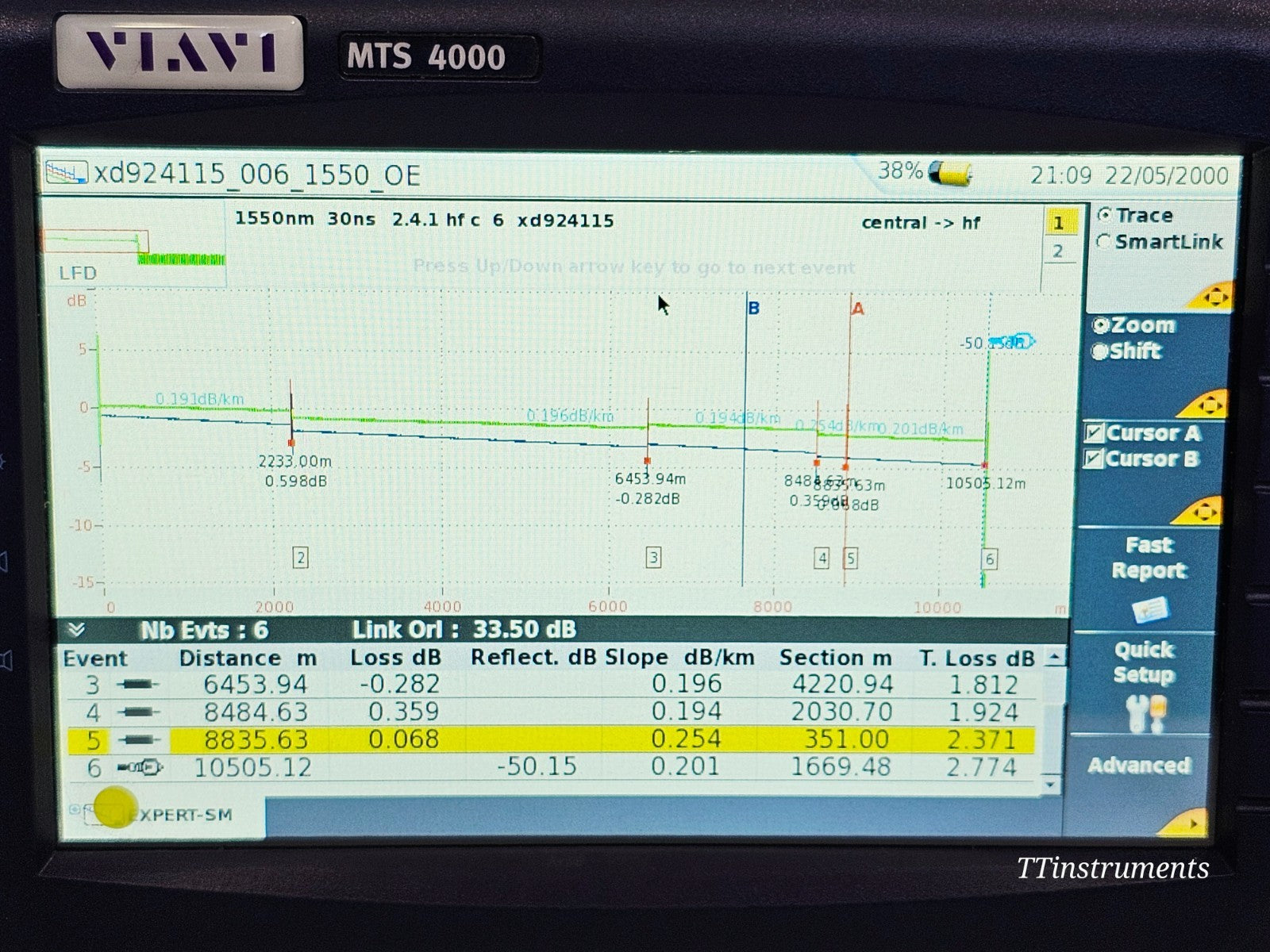 VIAVI MTS 4000 T-BERD OTDR 4126MA3 1310/1550nm SM Metro Access 43/41 dB21