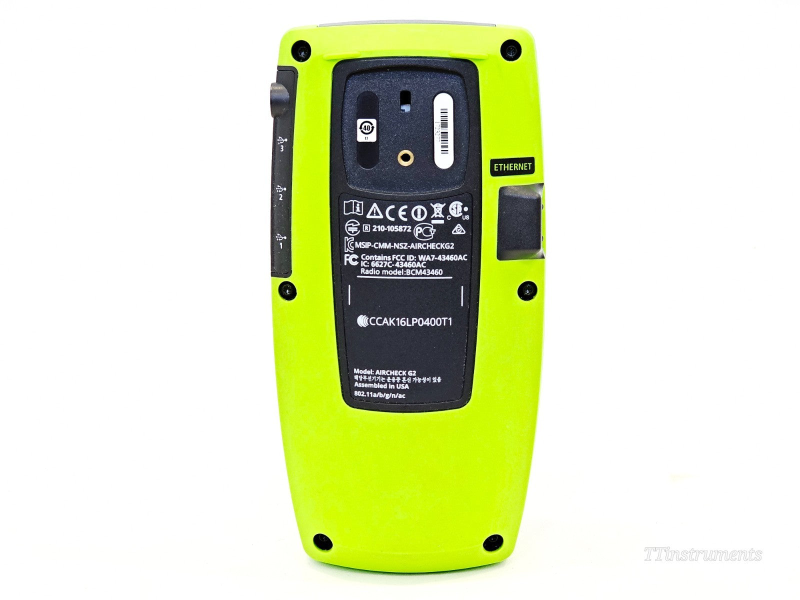 NetScout AirCheck bottom view showing labels and serial number