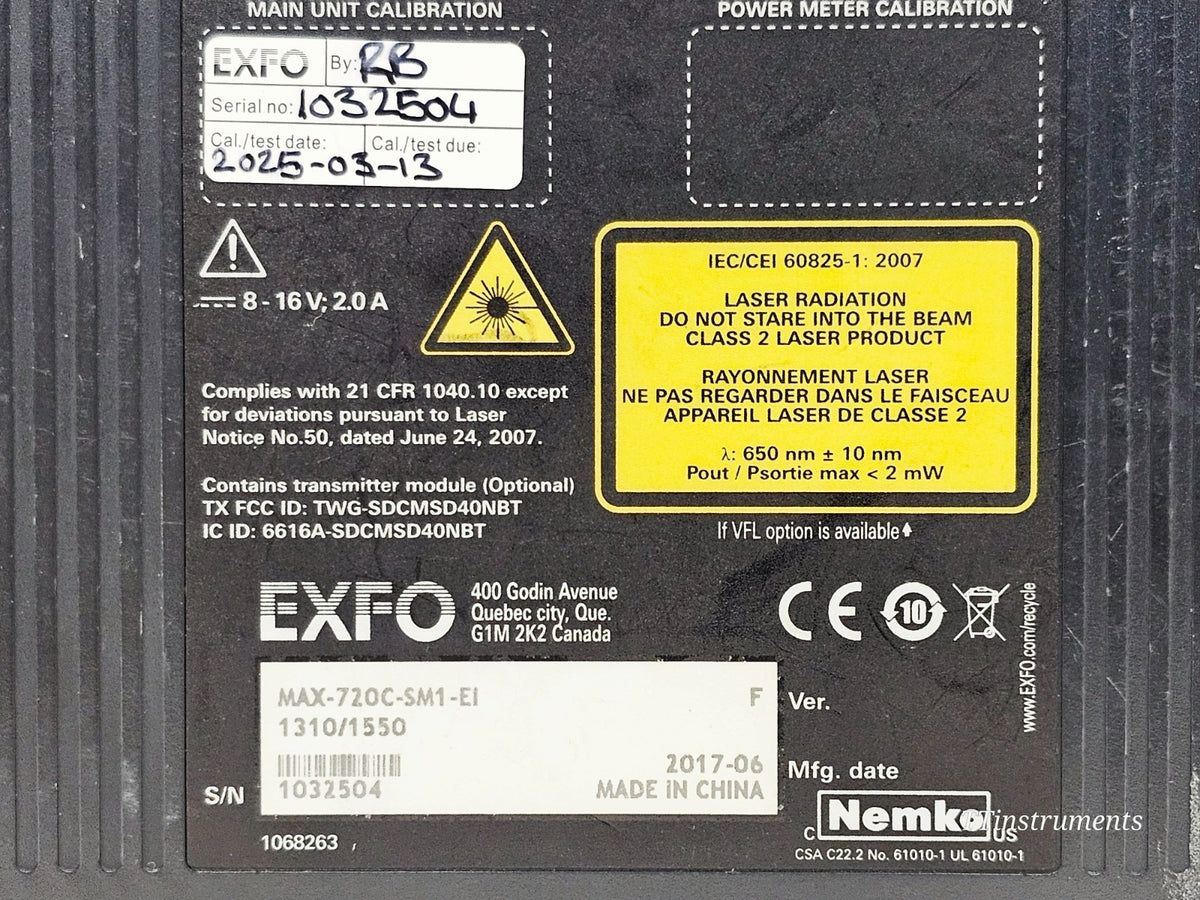EXFO MAX-720C-SM1-EI OTDR label and serial number detail