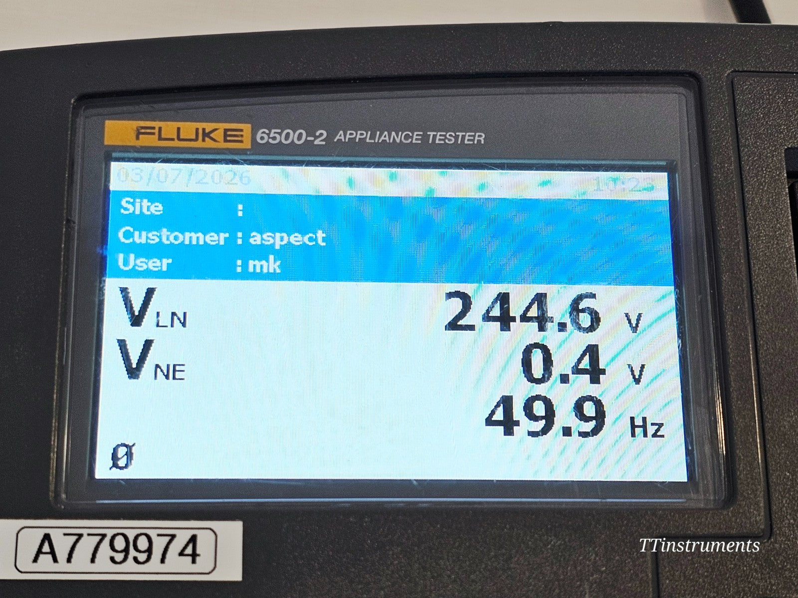 Fluke 6500-2 PAT Tester label and serial number detail