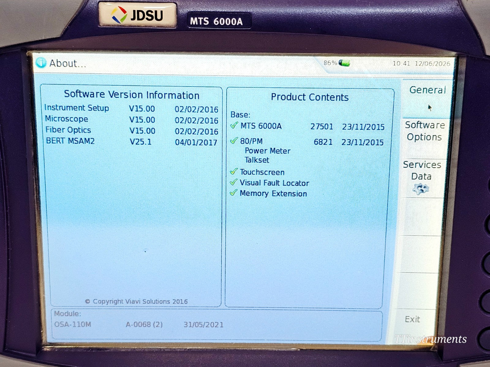 VIAVI JDSU optical spectrum analyser screen display showing spectrum trace