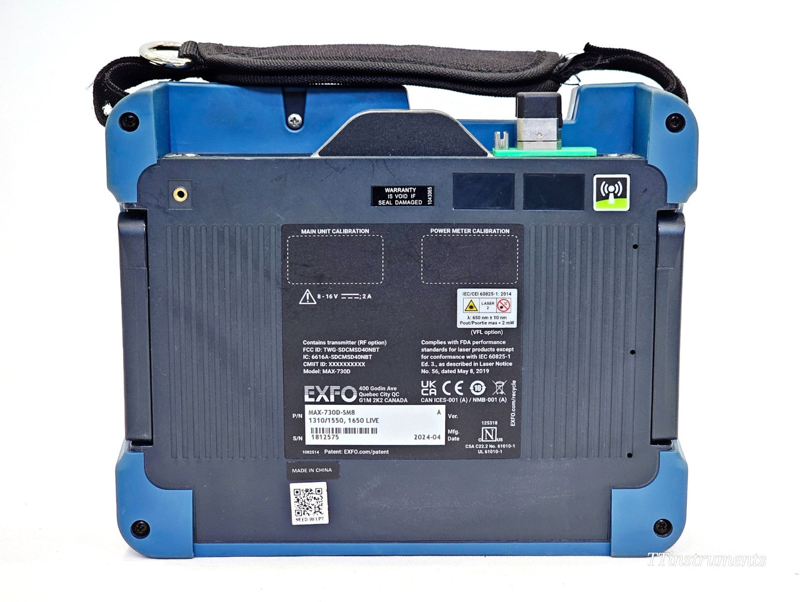 EXFO MAX-730D-SM8 rear panel showing SC-APC optical port, serial number 1812575 and MFD April 2024 label